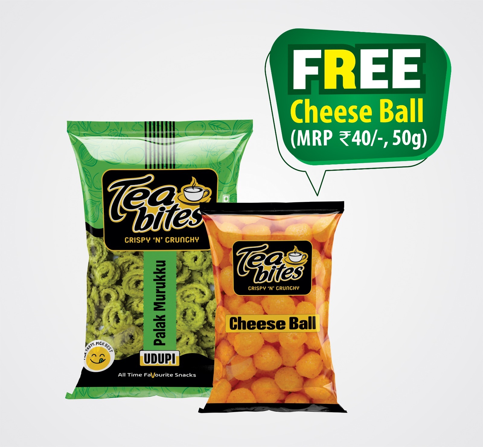 Tea Bites Palak Murukku Offer Pack | Free Cheese Balls (50g)